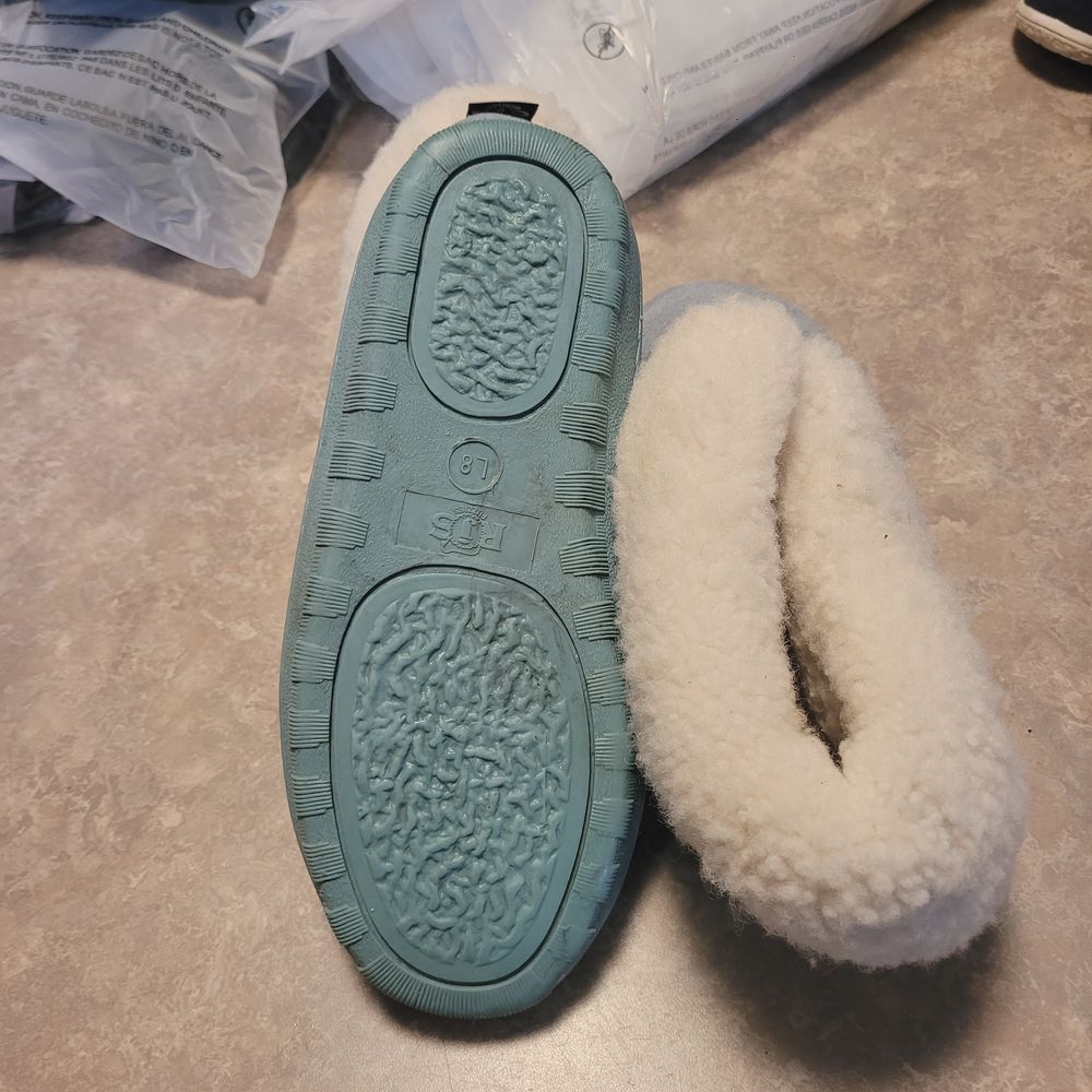RJ's Fuzzies Womens Blue Suede Sheepskin Lined Bootie Slippers 8 Leather Sherpa - Picture 4 of 7